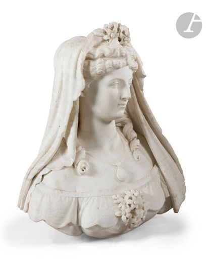 null Bust of a young woman in white marble, wearing a veil decorated with flowers;...