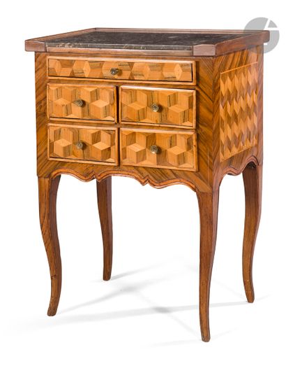null Small table in fruitwood marquetry of cubes without bottom opening to five drawers...