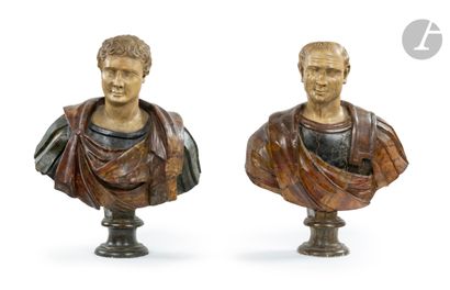  A pair of painted plaster busts of emperors. After the Antique, end of the 19th...