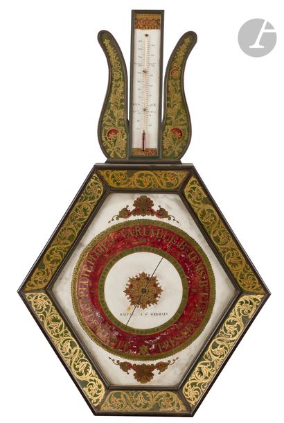 Hexagonal barometer-thermometer made of eglomised...