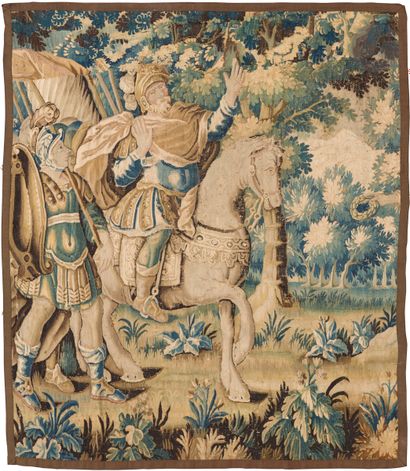  Fragment de tapisserie à décor d’un cavalier entouré d’un soldat armé d’une lance...