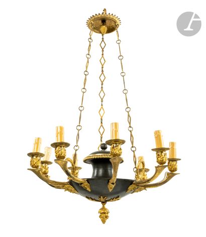 null A patinated bronze and gilt bronze chandelier with nine lights, decorated with...