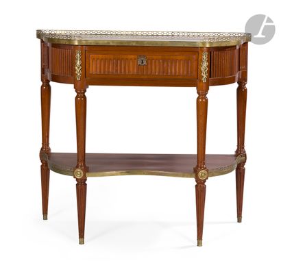  Mahogany console table, the sides moved, opening to a drawer and two curtains decorated...