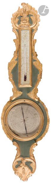  Baromètre formant thermomètre en bois peint et doré, de forme mouvementée à décor...