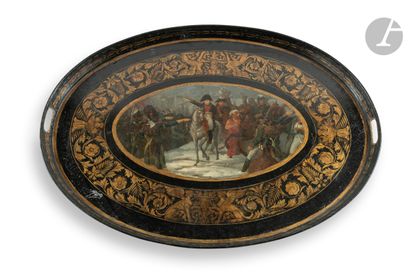 null Large tray in painted sheet metal decorated with a scene of the Russian campaign,...