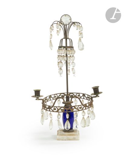  Blue tinted glass and cut glass pendants candelabra, with two arms of light; (accidents)....