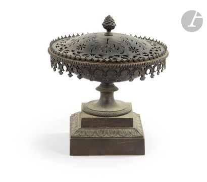 A neo-Gothic patinated bronze incense burner,...