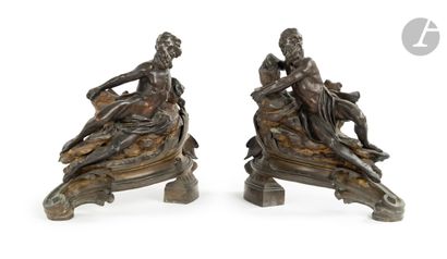  Pair of patinated bronze andirons decorated with figures of rivers on rocks, the...