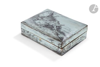 null A Parisian varnished quadrille box decorated in shades of grey with galant scenes...