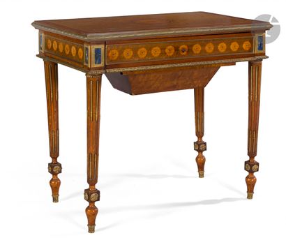 null Rectangular table forming a work table, inlaid with foliage scrolls and rosettes,...
