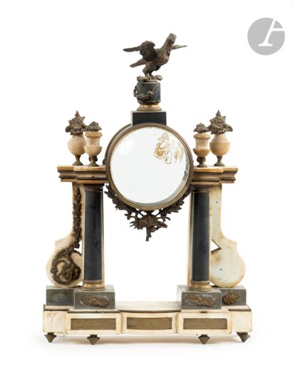  White marble, grey marble and gilt bronze clock case, with columns and consoles,...