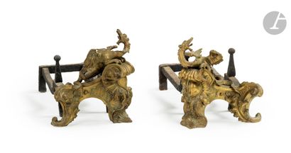 null Paire de chenets aux dragons en bronze doré, la base à décor de feuillages ;...