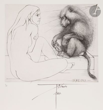 null Pierre-Yves Trémois (1921-2020) 
Woman and baboon. 1967. Burin and drypoint....