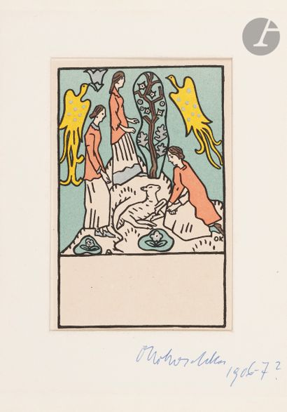 null Oskar Kokoschka (1886-1980) 
Drei Mädchen, Lamm und Paradiesvögel (Postkarte...