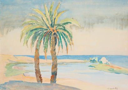 LOUISE-MARIE PEYRE (1897-1975) Marabout et Deux palmiers devant le marabout Une étude...