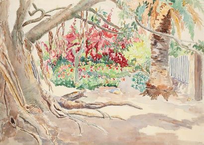 LOUISE-MARIE PEYRE (1897-1975) Le jardin de la villa de l'artiste à Salammbô Aquarelle...