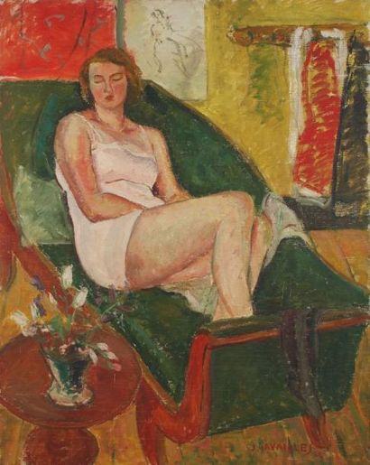 Jules CAVAILLES (1901-1977) La trapéziste dans sa loge, 1933 Huile sur toile. Signée...