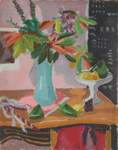 Jules CAVAILLES (1901-1977) Nature morte à la coupe, vase et poivrons verts Huile...