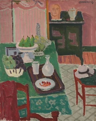 Jules CAVAILLES (1901-1977) Table verte Huile sur toile. Signée en haut à droite....