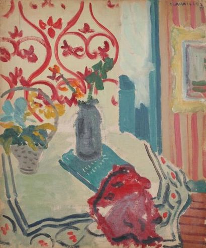 Jules CAVAILLES (1901-1977) Nature morte aux vases de fleurs et aux arabesques, 1933...