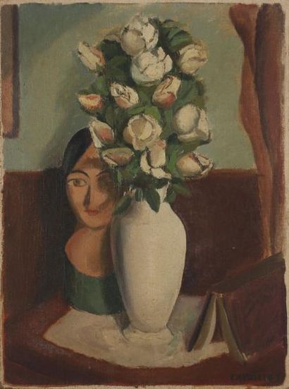 Jules CAVAILLES (1901-1977) Nature morte à la marotte et aux roses blanches Huile...
