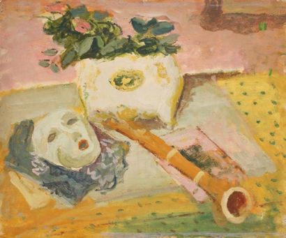 Jules CAVAILLES (1901-1977) Nature morte au masque Huile sur toile. Non signée. Trous...