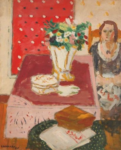 Jules CAVAILLES (1901-1977) Femme assise dans un intérieur, 1935 Huile sur toile....