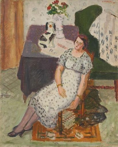Jules CAVAILLES (1901-1977) Le repos, 1935 Huile sur toile. Signée et datée en haut...