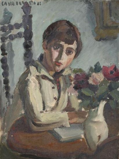 Jules CAVAILLES (1901-1977) Touti au bouquet de fleurs Huile sur toile. Signée et...