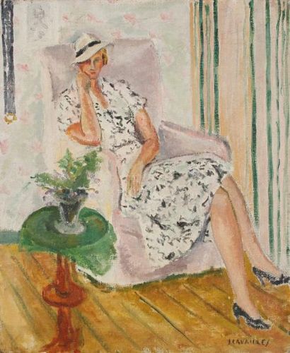 Jules CAVAILLES (1901-1977) Portrait au guéridon vert Huile sur toile. Signée en...