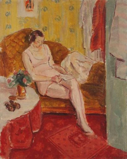 Jules CAVAILLES (1901-1977) Loge d'artiste, vers 1936 Huile sur toile. Signée en...