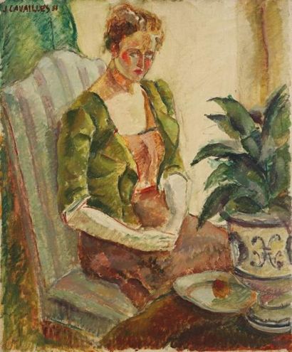 Jules CAVAILLES (1901-1977) Femme assise aux gants blancs Huile sur toile. Signée...