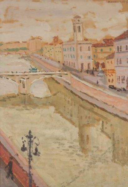 Jules CAVAILLES (1901-1977) Le pont sur le fleuve, 1936 Huile sur papier contrecollé...