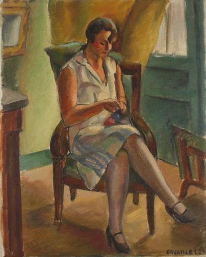 Jules CAVAILLES (1901-1977) Femme sur un fauteuil ou La couture, 1929 Huile sur toile....
