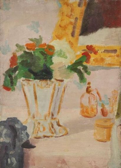 Jules CAVAILLES (1901-1977) Vase de fleurs sur la coiffeuse Huile sur toile. Non...