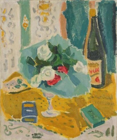 Jules CAVAILLES (1901-1977) Nature morte aux fleurs et à la bouteille, vers 1938...