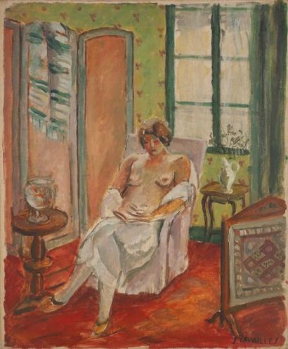 Jules CAVAILLES (1901-1977) Nu au fauteuil rose Huile sur toile. Signée en bas à...
