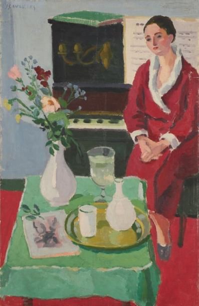 Jules CAVAILLES (1901-1977) La robe rouge, Touti au piano Huile sur toile. Signée...