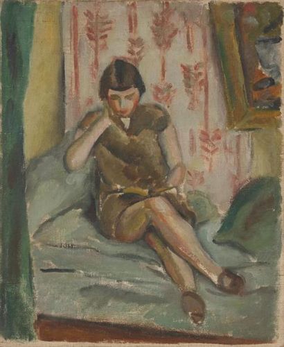 Jules CAVAILLES (1901-1977) Touti lisant Huile sur toile. Non signée. 45,5 x 38 ...