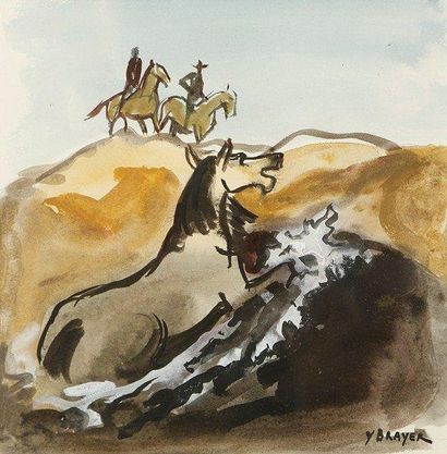 Yves BRAYER (1907-1990) Le cheval Aquarelle. Signée en bas à droite. 16 x 16 cm
