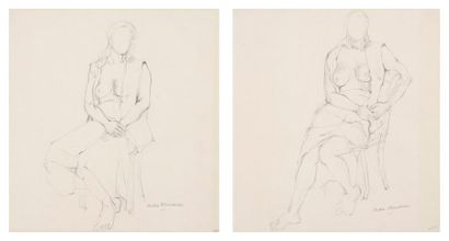 André MINAUX (1923-1986) Modèle assis le buste découvert Deux dessins au crayon noir....