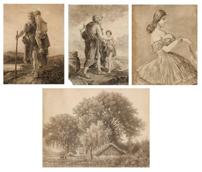null Lot de quatre dessins Ecole française du XIXe siècle, d'après le Baron GERARD...