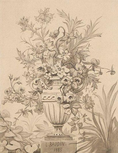null Lot de trois dessins L. BAUDIN (actif à la fin du XIXe siècle) Vase de fleurs...