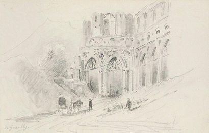 Victor de GRAILLY (Paris 1804 -? 1889) Charrette et berger près des ruines d'un monument...