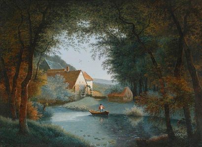 Henri Johannes KNIP (Bois-le-Duc 1819 -1897) Pêcheurs dans une barque près d'un moulin...