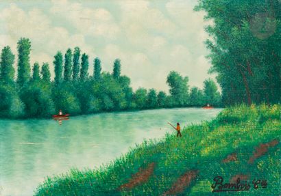  Camille BOMBOIS (1883-1970) Pêcheurs au bord d’un étang Huile sur toile. Signée...