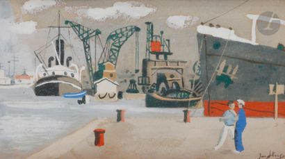  Jean HUGO (1894-1984) Marins dans le port marchand Gouache. Signée en bas à droite....