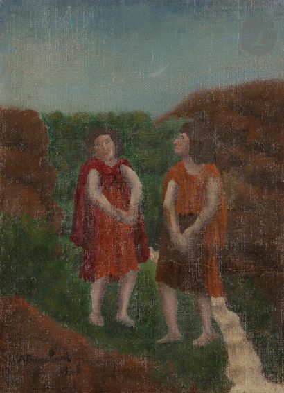  André BAUCHANT (1873-1958) Deux personnages près du ruisseau, 1945 Huile sur toile....
