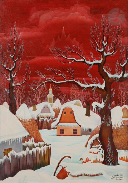  Jan HUSARIK (né en 1942 Le Hameau sous la neige, 1977 Huile sur toile. Signée et...
