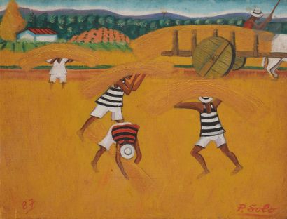 null P. SOLO [Brazilian] (XXth century
)The Harvesters, 1987Oil
on canvas pasted...